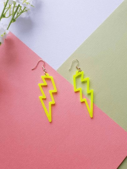 Bright neon yellow electric lightning earrings | Art dangle earrings | pop fun charm hoop earrings | oversize statement earrings - TuttyKnitty