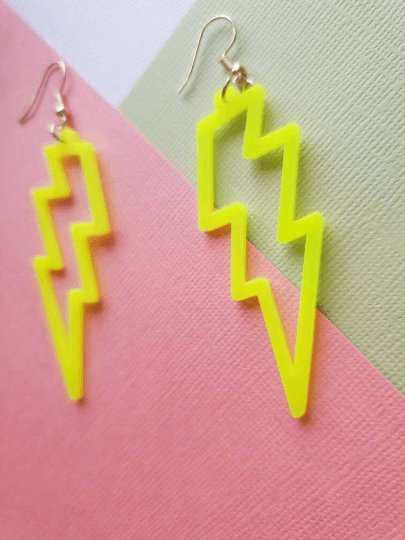 Bright neon yellow electric lightning earrings | Art dangle earrings | pop fun charm hoop earrings | oversize statement earrings - TuttyKnitty