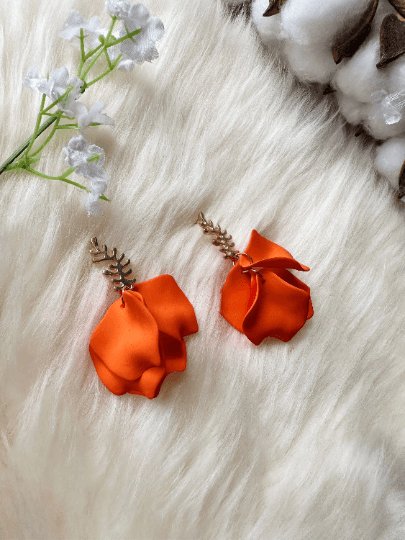 Bright orange flower earrings | dangle petals statement earrings | unique golden bar floral earrings | bridal party wedding earrings - TuttyKnitty