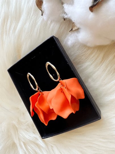 Bright orange flower earrings | dangle petals statement earrings | unique golden bar floral earrings | bridal party wedding earrings - TuttyKnitty