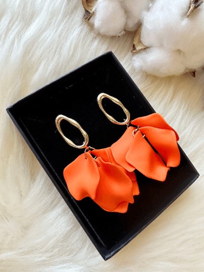 Bright orange flower earrings | dangle petals statement earrings | unique golden bar floral earrings | bridal party wedding earrings - TuttyKnitty