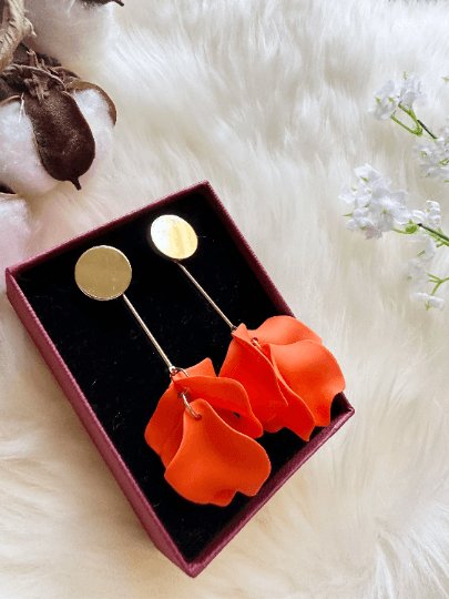 Bright orange flower earrings | dangle petals statement earrings | unique golden bar floral earrings | bridal party wedding earrings - TuttyKnitty