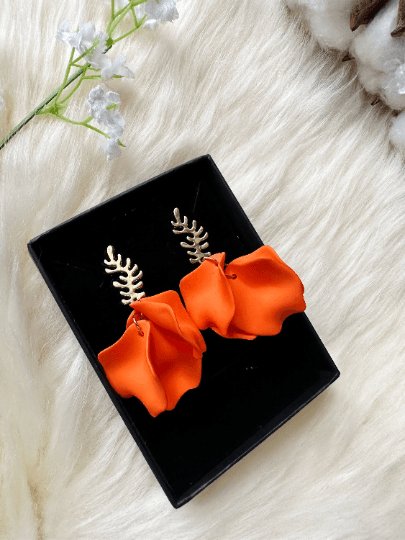 Bright orange flower earrings | dangle petals statement earrings | unique golden bar floral earrings | bridal party wedding earrings - TuttyKnitty