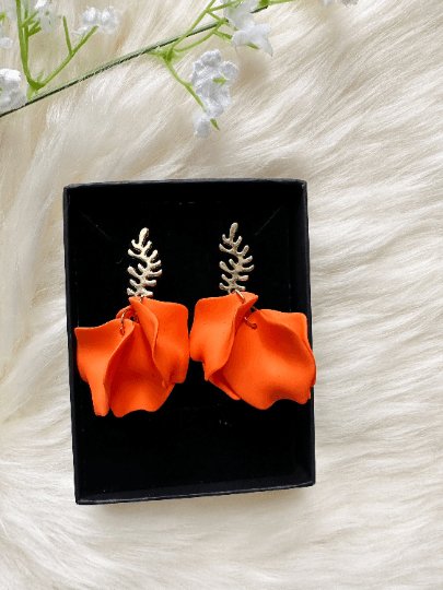 Bright orange flower earrings | dangle petals statement earrings | unique golden bar floral earrings | bridal party wedding earrings - TuttyKnitty