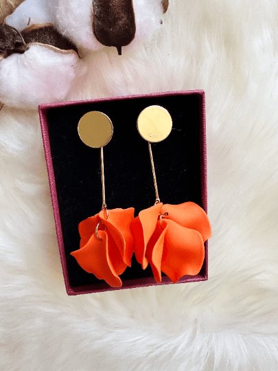 Bright orange flower earrings | dangle petals statement earrings | unique golden bar floral earrings | bridal party wedding earrings - TuttyKnitty