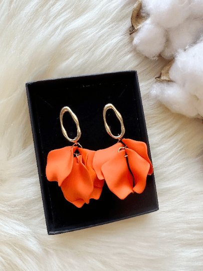 Bright orange flower earrings | dangle petals statement earrings | unique golden bar floral earrings | bridal party wedding earrings - TuttyKnitty