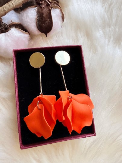 Bright orange flower earrings | dangle petals statement earrings | unique golden bar floral earrings | bridal party wedding earrings - TuttyKnitty