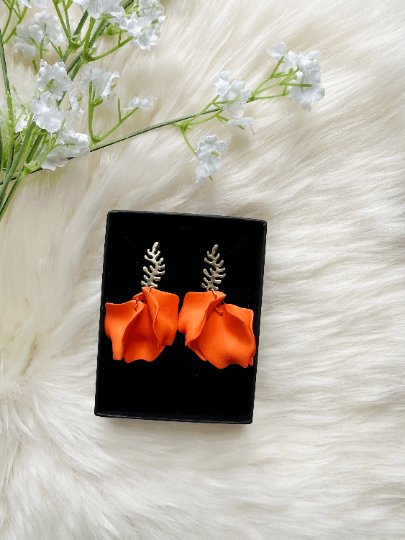 Bright orange flower earrings | dangle petals statement earrings | unique golden bar floral earrings | bridal party wedding earrings - TuttyKnitty