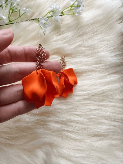 Bright orange flower earrings | dangle petals statement earrings | unique golden bar floral earrings | bridal party wedding earrings - TuttyKnitty