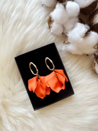 Bright orange flower earrings | dangle petals statement earrings | unique golden bar floral earrings | bridal party wedding earrings - TuttyKnitty