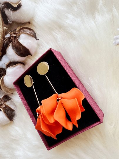 Bright orange flower earrings | dangle petals statement earrings | unique golden bar floral earrings | bridal party wedding earrings - TuttyKnitty