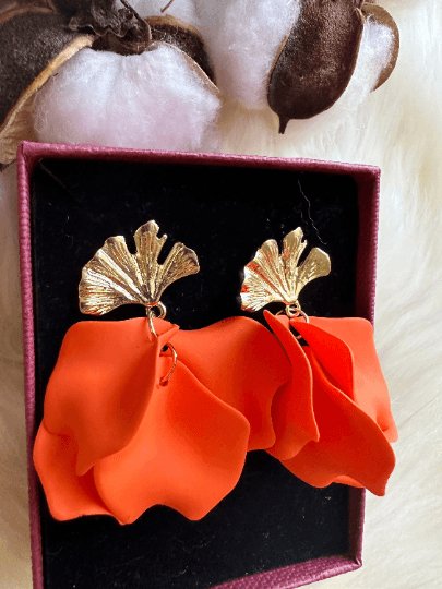 Bright orange flower earrings | dangle petals statement earrings | unique golden ginkgo floral earrings | bridal party wedding earrings - TuttyKnitty