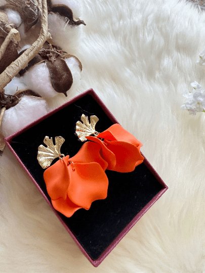 Bright orange flower earrings | dangle petals statement earrings | unique golden ginkgo floral earrings | bridal party wedding earrings - TuttyKnitty