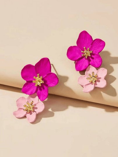 Bright pink flowers dangly earrings | matte petals crumpled textured | statement earrings | golden geometric floral earrings - TuttyKnitty