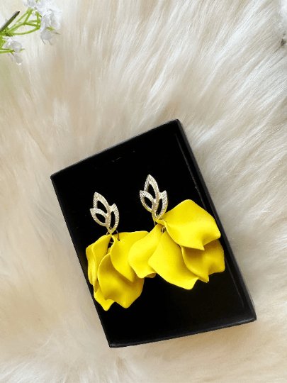 Bright yellow flower earrings | matte petals earrings | golden floral unique statement earrings| bridal party wedding earrings - TuttyKnitty