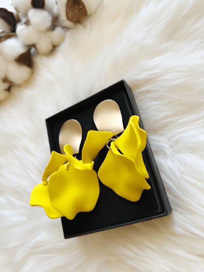 Bright yellow flower earrings | matte petals earrings | golden floral unique statement earrings| bridal party wedding earrings - TuttyKnitty