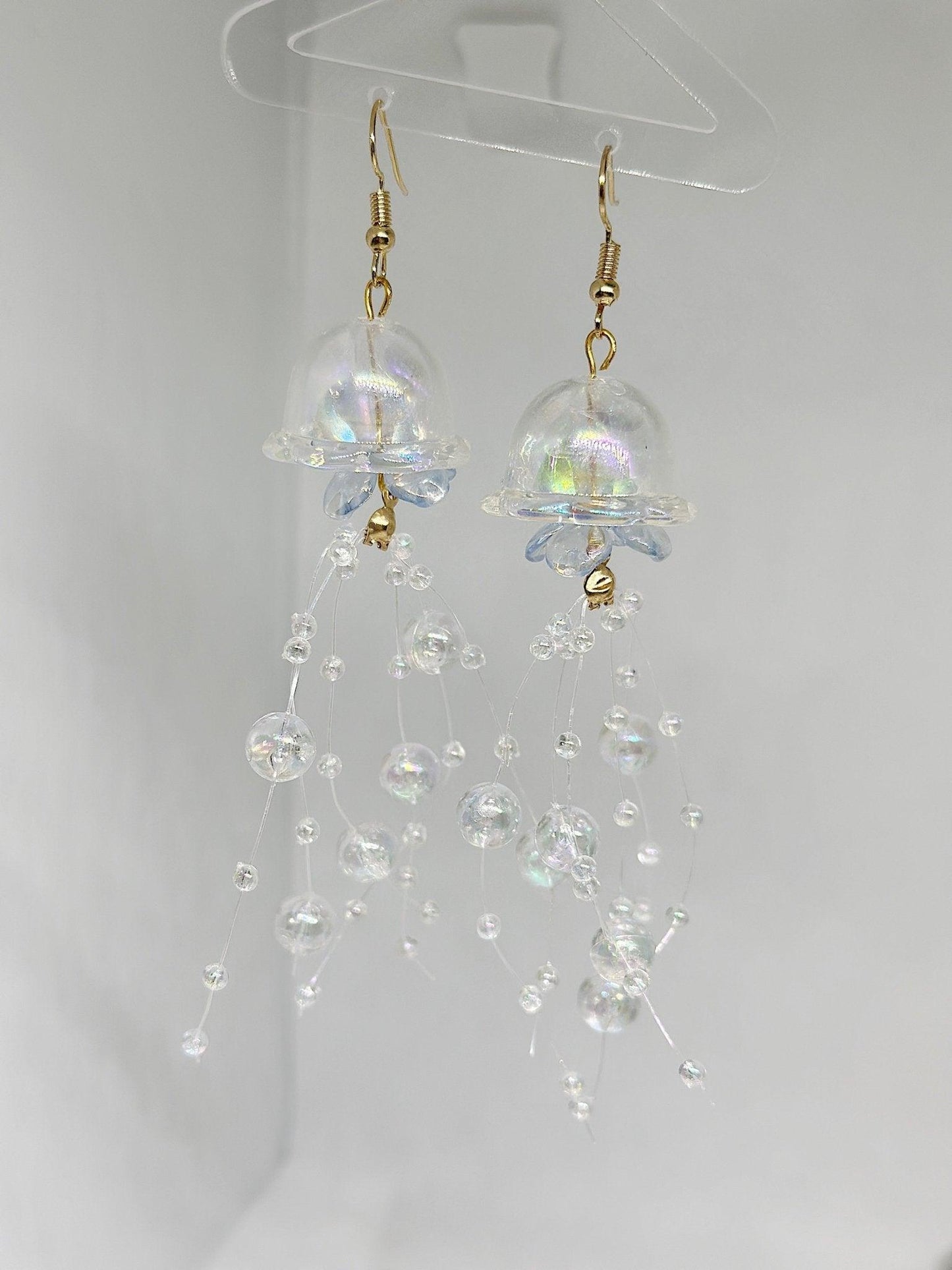 Bubble tentacles Jellyfish earrings | clear iridescent unique earrings - TuttyKnitty