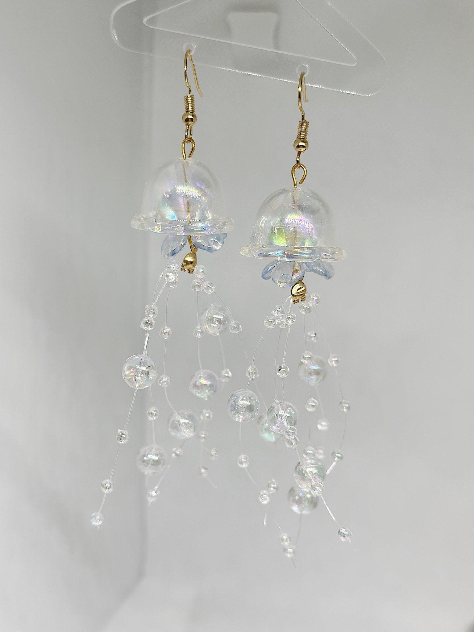 Bubble tentacles Jellyfish earrings | clear iridescent unique earrings - TuttyKnitty