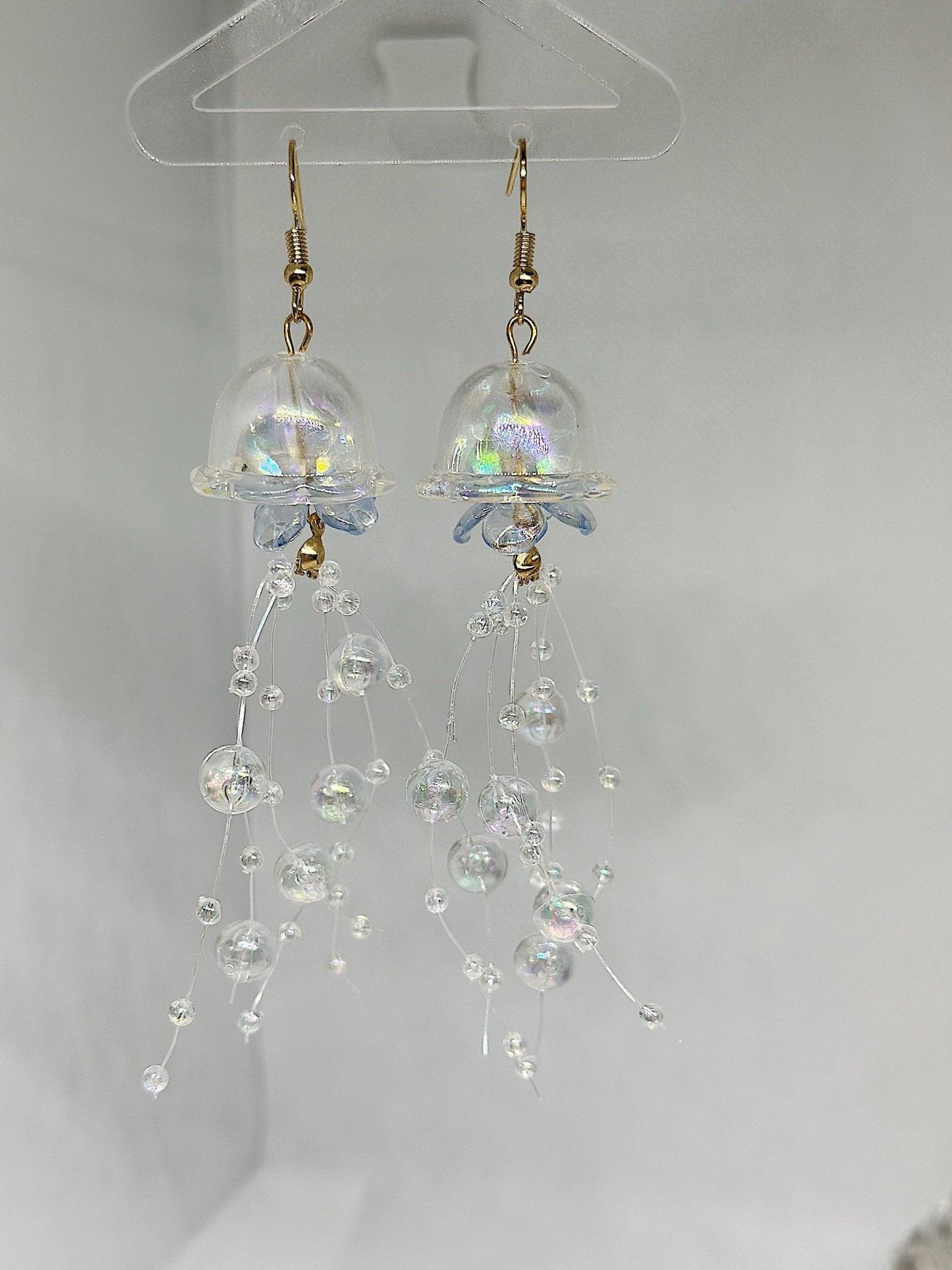 Bubble tentacles Jellyfish earrings | clear iridescent unique earrings - TuttyKnitty