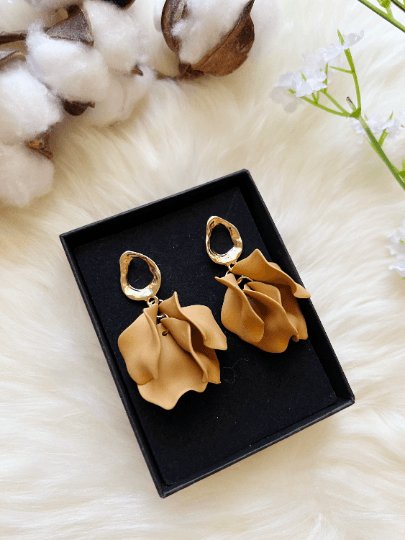 Caramel brown autumn flower earrings | dangle petal lightweight earrings | golden baroque earrings | bridal party wedding earrings - TuttyKnitty