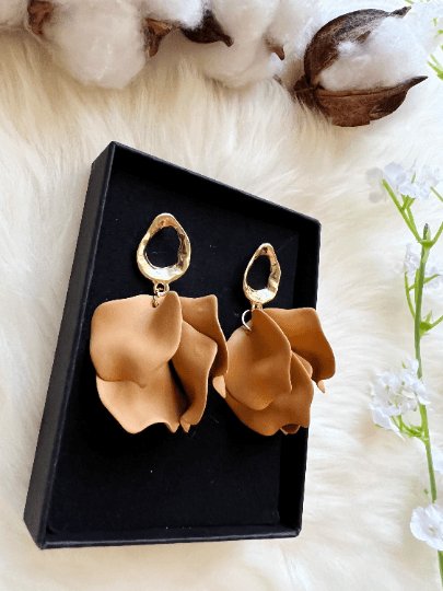 Caramel brown autumn flower earrings | dangle petal lightweight earrings | golden baroque earrings | bridal party wedding earrings - TuttyKnitty