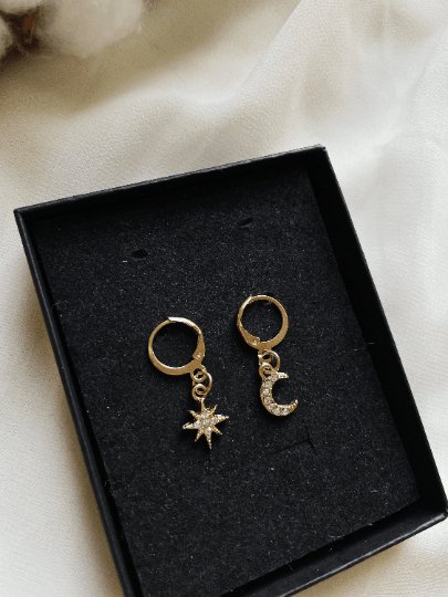 Celestial dangle earrings | Star and moon earrings | Galaxy golden rhinestone earrings | glittering diamante mini huggie earrings - TuttyKnitty