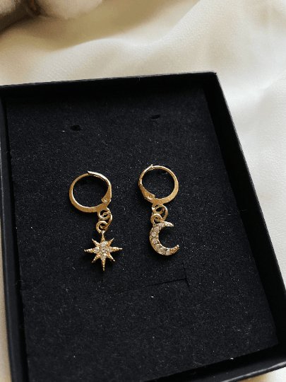 Celestial dangle earrings | Star and moon earrings | Galaxy golden rhinestone earrings | glittering diamante mini huggie earrings - TuttyKnitty