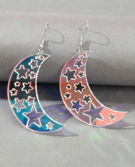 Celestial earrings| Blue sun moon and stars earrings | Galaxy planets dangle earrings | aesthetic iridescent clear acetate hologram - TuttyKnitty