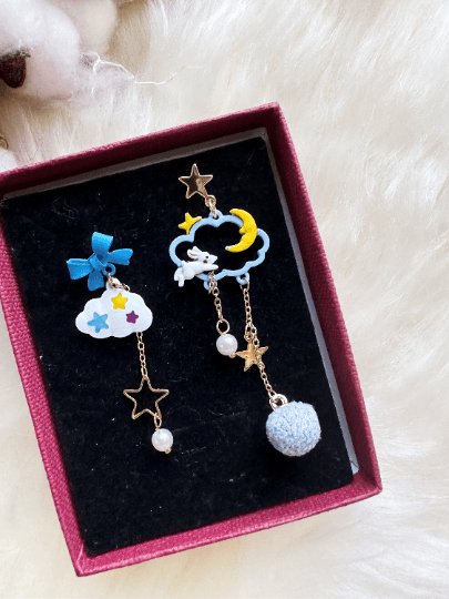 Celestial kawaii rabbit statement earrings | cloud and thunder storm rain earrings | Galaxy mini stud celestial earrings | weather earrings - TuttyKnitty