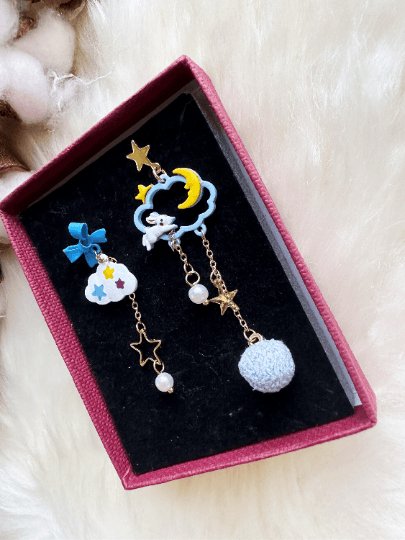 Celestial kawaii rabbit statement earrings | cloud and thunder storm rain earrings | Galaxy mini stud celestial earrings | weather earrings - TuttyKnitty