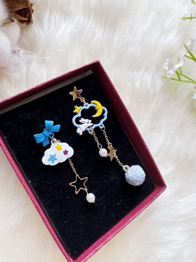 Celestial kawaii rabbit statement earrings | cloud and thunder storm rain earrings | Galaxy mini stud celestial earrings | weather earrings - TuttyKnitty