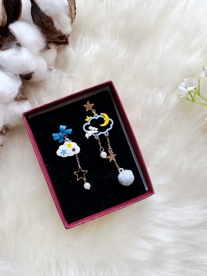 Celestial kawaii rabbit statement earrings | cloud and thunder storm rain earrings | Galaxy mini stud celestial earrings | weather earrings - TuttyKnitty