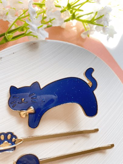 Celestial kitty hair clips| blue moon stars constellation planet | korean hair accessories | enamel glitters hair pin |cat lover gift - TuttyKnitty