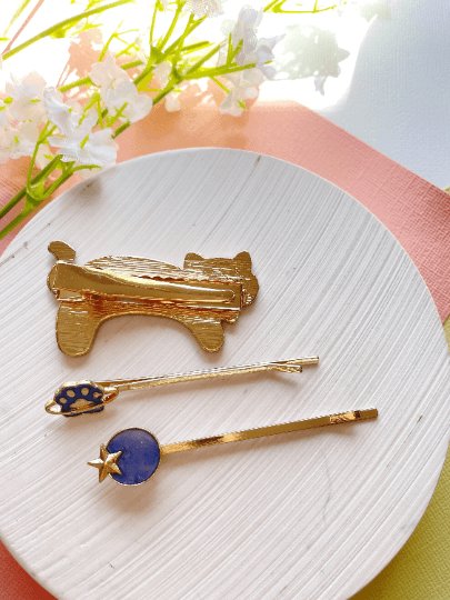 Celestial kitty hair clips| blue moon stars constellation planet | korean hair accessories | enamel glitters hair pin |cat lover gift - TuttyKnitty