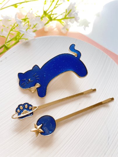 Celestial kitty hair clips| blue moon stars constellation planet | korean hair accessories | enamel glitters hair pin |cat lover gift - TuttyKnitty