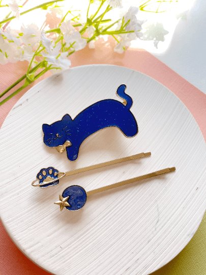 Celestial kitty hair clips| blue moon stars constellation planet | korean hair accessories | enamel glitters hair pin |cat lover gift - TuttyKnitty