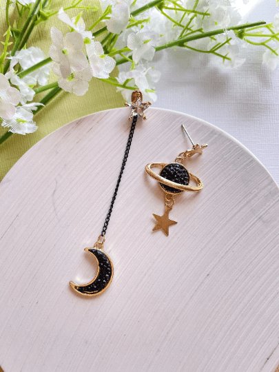 Celestial statement earrings | black diamante moon & stars chain earrings | korean Galaxy planets dangle earrings |gold mismatch earrings - TuttyKnitty