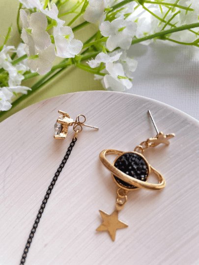 Celestial statement earrings | black diamante moon & stars chain earrings | korean Galaxy planets dangle earrings |gold mismatch earrings - TuttyKnitty