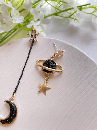 Celestial statement earrings | black diamante moon & stars chain earrings | korean Galaxy planets dangle earrings |gold mismatch earrings - TuttyKnitty