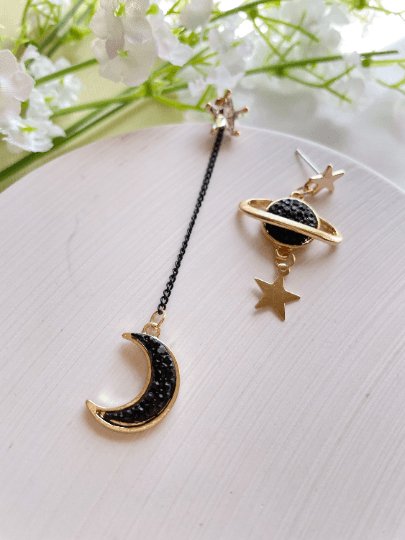 Celestial statement earrings | black diamante moon & stars chain earrings | korean Galaxy planets dangle earrings |gold mismatch earrings - TuttyKnitty