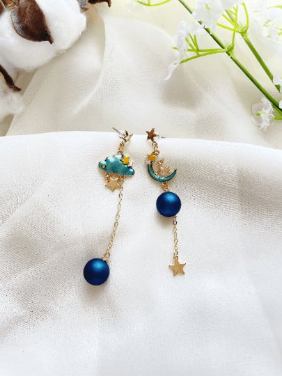 Celestial statement earrings | Blue cat moon stars earrings | Galaxy dangle earrings | Gold mismatch earrings | cat paw pearls minimalist - TuttyKnitty