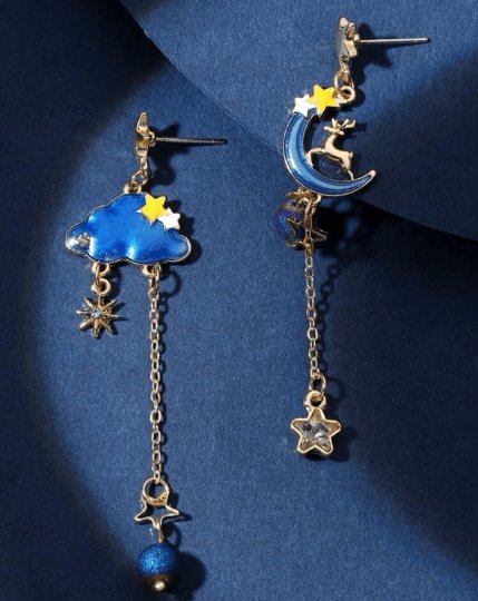 Celestial statement earrings | Blue cat moon stars earrings | Galaxy dangle earrings | Gold mismatch earrings | cat paw pearls minimalist - TuttyKnitty