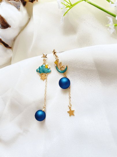 Celestial statement earrings | Blue cat moon stars earrings | Galaxy dangle earrings | Gold mismatch earrings | cat paw pearls minimalist - TuttyKnitty