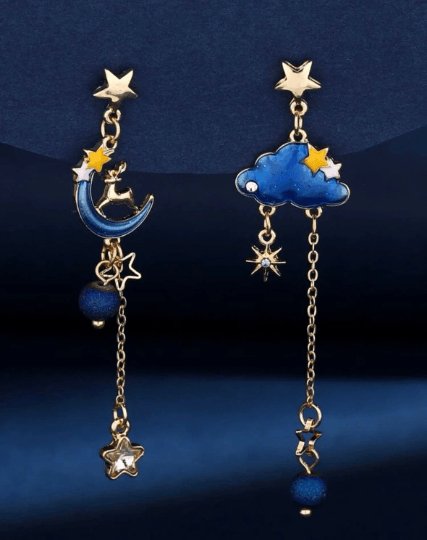 Celestial statement earrings | Blue cat moon stars earrings | Galaxy dangle earrings | Gold mismatch earrings | cat paw pearls minimalist - TuttyKnitty