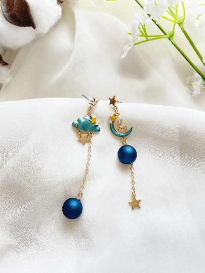 Celestial statement earrings | Blue cat moon stars earrings | Galaxy dangle earrings | Gold mismatch earrings | cat paw pearls minimalist - TuttyKnitty