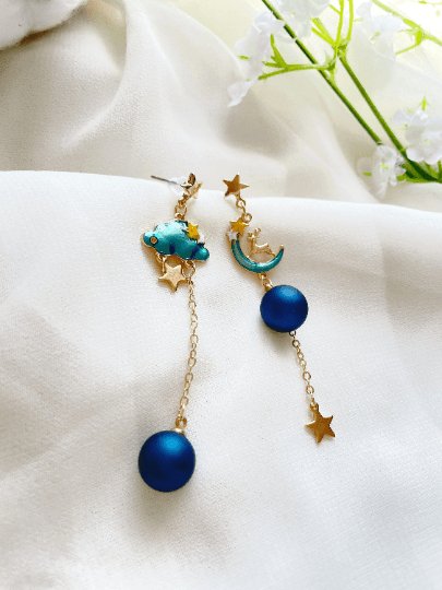 Celestial statement earrings | Blue cat moon stars earrings | Galaxy dangle earrings | Gold mismatch earrings | cat paw pearls minimalist - TuttyKnitty