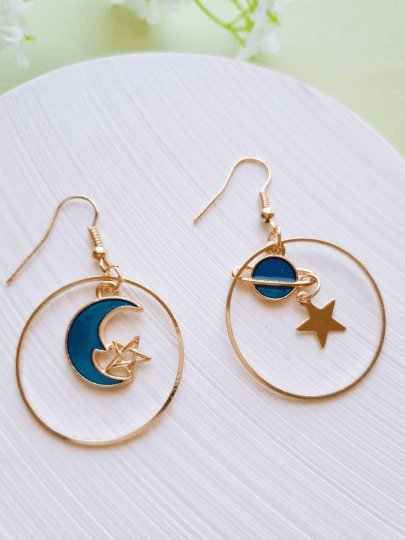 Celestial statement earrings | Blue moon and stars earrings | Galaxy dangle earrings | Gold hoop earrings | Korean earrings gift for her - TuttyKnitty