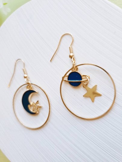 Celestial statement earrings | Blue moon and stars earrings | Galaxy dangle earrings | Gold hoop earrings | Korean earrings gift for her - TuttyKnitty