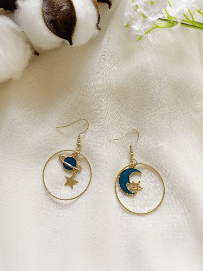 Celestial statement earrings | Blue moon and stars earrings | Galaxy dangle earrings | Gold hoop earrings | Korean earrings gift for her - TuttyKnitty