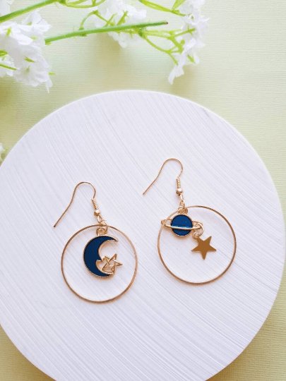 Celestial statement earrings | Blue moon and stars earrings | Galaxy dangle earrings | Gold hoop earrings | Korean earrings gift for her - TuttyKnitty